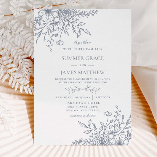 Elegante Dusty Blue Line Art Floral Wedding Kaart