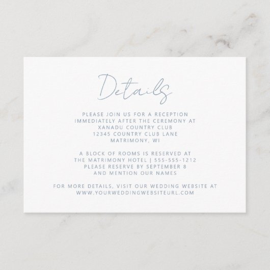 Elegante Dusty Blue Minimal Script Wedding Informatiekaartje (Voorkant)