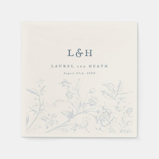 Elegante Dusty Blue Monogram  Bloemen Huwelijk Servet (Voorkant)