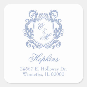 Elegante Dusty Blue Monogram Crest Retouradres Vierkante Sticker
