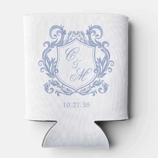Elegante Dusty Blue Monogram Crest Wedding Blikjeskoeler (Achterkant)