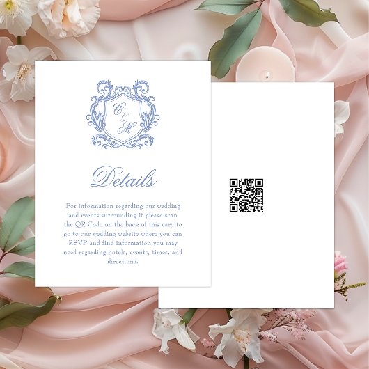 Elegante Dusty Blue Monogram Crest Wedding Details Informatiekaartje