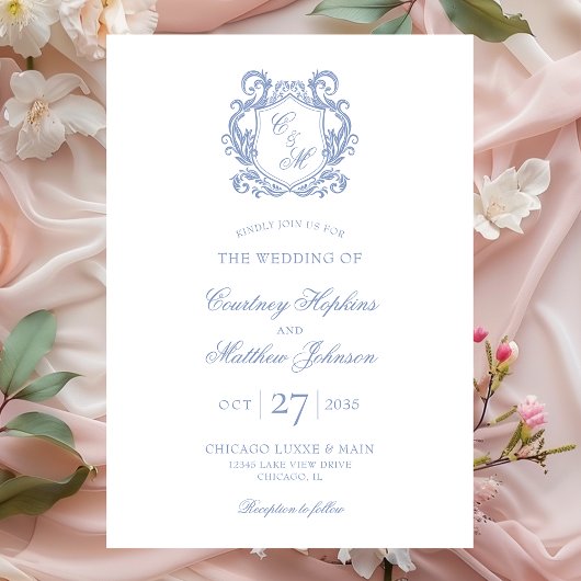 Elegante Dusty Blue Monogram Crest Wedding Kaart