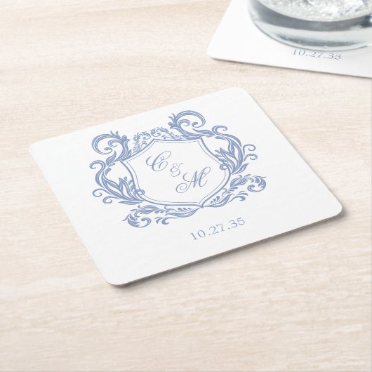 Elegante Dusty Blue Monogram Crest Wedding Kartonnen Onderzetters (Schuin)