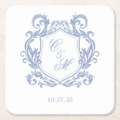 Elegante Dusty Blue Monogram Crest Wedding Kartonnen Onderzetters (Voorkant)