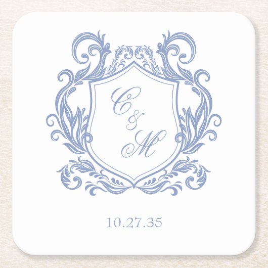 Elegante Dusty Blue Monogram Crest Wedding Kartonnen Onderzetters (Voorkant)
