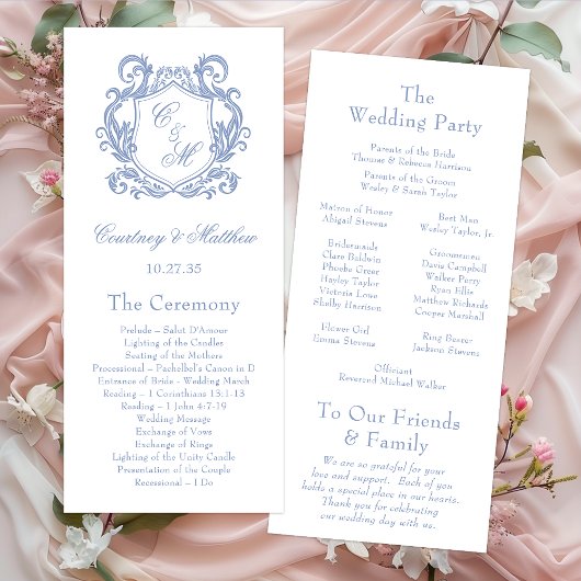 Elegante Dusty Blue Monogram Crest Wedding Programmakaart