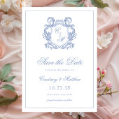Elegante Dusty Blue Monogram Crest Wedding Save The Date