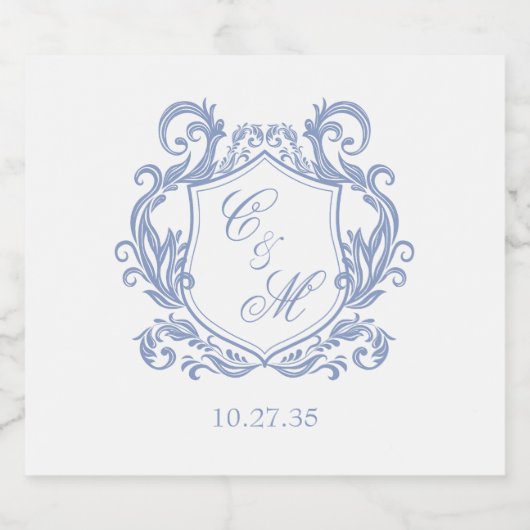 Elegante Dusty Blue Monogram Crest Wedding Sparkling Wijnetiket (Enkel label)