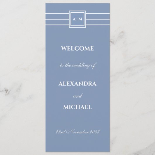 Elegante Dusty Blue Monogram Modern Wedding Progra Programmakaart (Voorkant)
