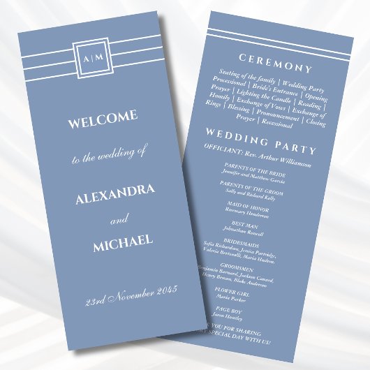 Elegante Dusty Blue Monogram Modern Wedding Progra Programmakaart