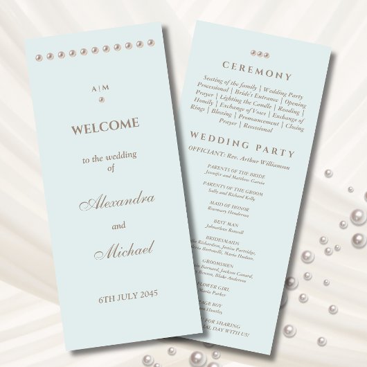 Elegante Dusty Blue Monogram Pearl Wedding Program Programmakaart