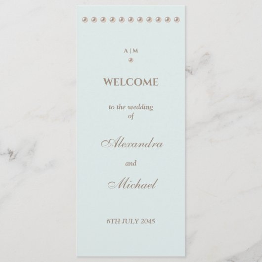 Elegante Dusty Blue Monogram Pearl Wedding Program Programmakaart (Voorkant)