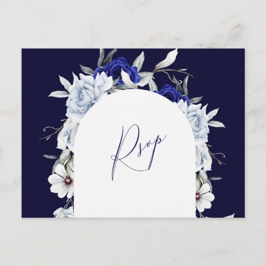 Elegante Dusty Blue Navy Bloemboog Trouwen RSVP Briefkaart (Voorkant)