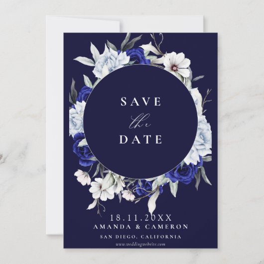 Elegante Dusty Blue Navy Bloemen Geometrische brui Save The Date (Voorkant)