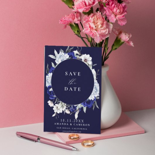 Elegante Dusty Blue Navy Bloemen Geometrische brui Save The Date