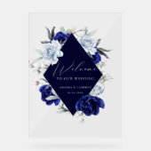 Elegante Dusty Blue Navy Bloemen Huwelijk Welkom Acryl Bord (Voorkant)