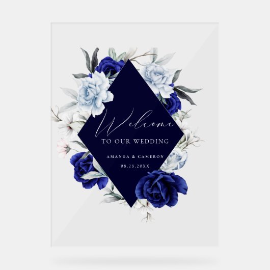 Elegante Dusty Blue Navy Bloemen Huwelijk Welkom Acryl Bord (Voorkant)