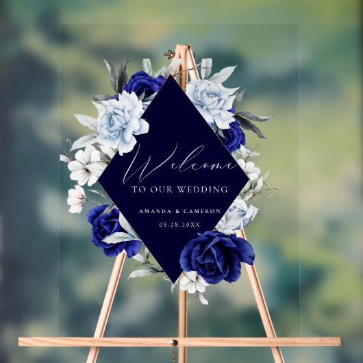 Elegante Dusty Blue Navy Bloemen Huwelijk Welkom Acryl Bord (Neutraal)