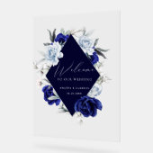 Elegante Dusty Blue Navy Bloemen Huwelijk Welkom Acryl Bord (Hoek)