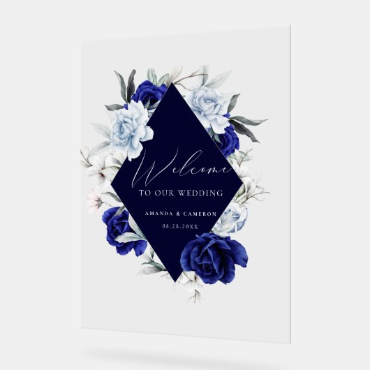 Elegante Dusty Blue Navy Bloemen Huwelijk Welkom Acryl Bord (Hoek)