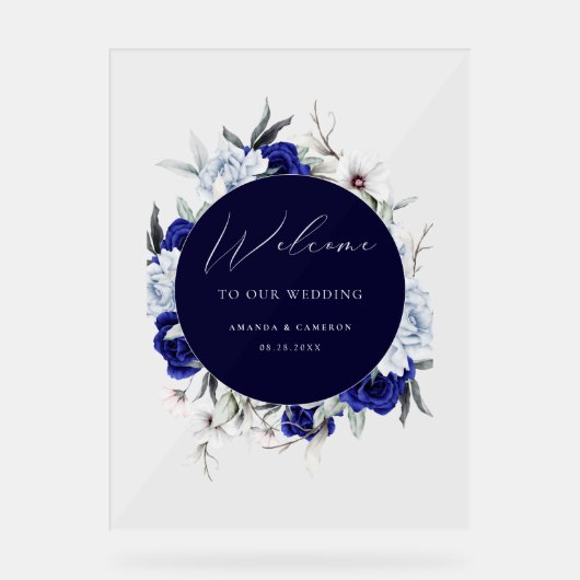 Elegante Dusty Blue Navy Bloemen Huwelijk Welkom Acryl Bord (Voorkant)
