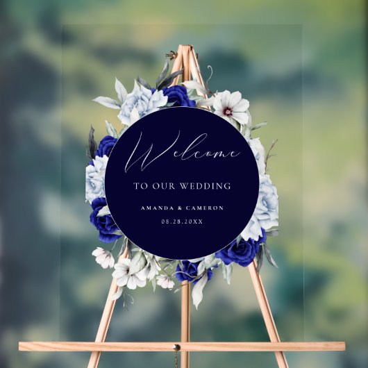 Elegante Dusty Blue Navy Bloemen Huwelijk Welkom Acryl Bord (Neutraal)