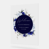 Elegante Dusty Blue Navy Bloemen Huwelijk Welkom Acryl Bord (Hoek)
