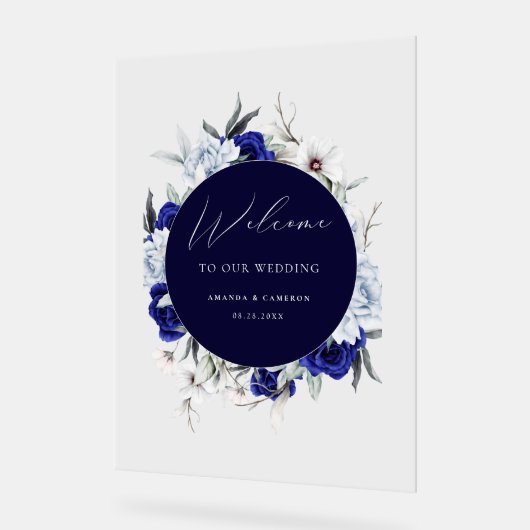 Elegante Dusty Blue Navy Bloemen Huwelijk Welkom Acryl Bord (Hoek)