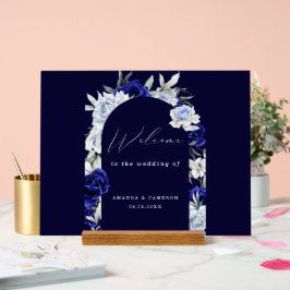 Elegante Dusty Blue Navy Bloemen Huwelijk Welkom Acryl Bord