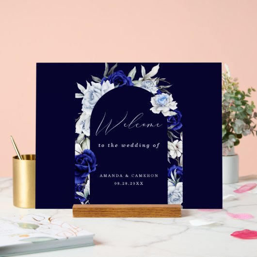 Elegante Dusty Blue Navy Bloemen Huwelijk Welkom Acryl Bord (Huwelijk)