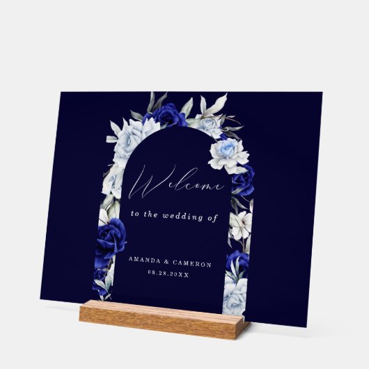 Elegante Dusty Blue Navy Bloemen Huwelijk Welkom Acryl Bord (Hoek)