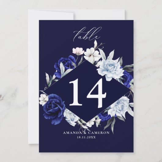 Elegante Dusty Blue Navy Bloemen Tafelnummer (Achterkant)