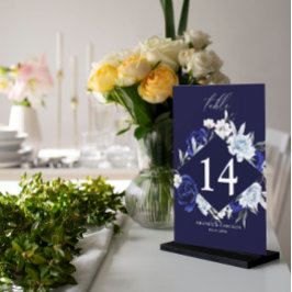 Elegante Dusty Blue Navy Bloemen Tafelnummer