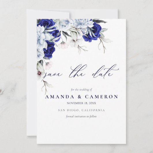 Elegante Dusty Blue Navy Floral QR Code Wedding Save The Date (Voorkant)