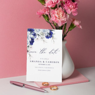 Elegante Dusty Blue Navy Floral QR Code Wedding Save The Date