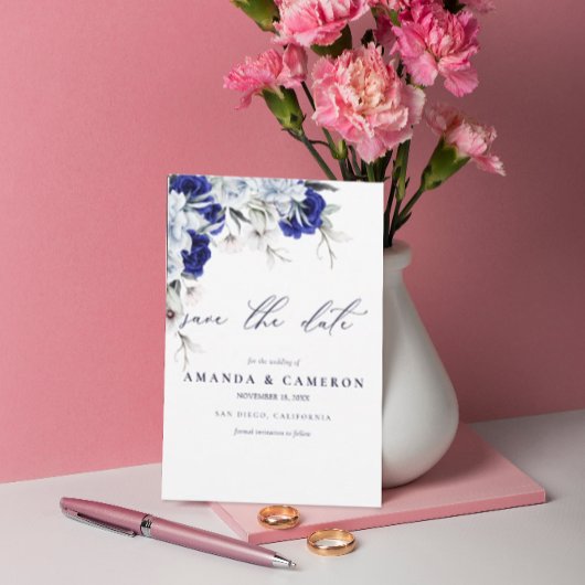 Elegante Dusty Blue Navy Floral QR Code Wedding Save The Date