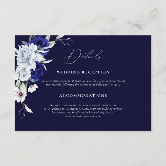 Elegante Dusty Blue Navy Floral Wedding Details Informatiekaartje (Voorkant)