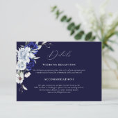 Elegante Dusty Blue Navy Floral Wedding Details Informatiekaartje (Staand voorkant)