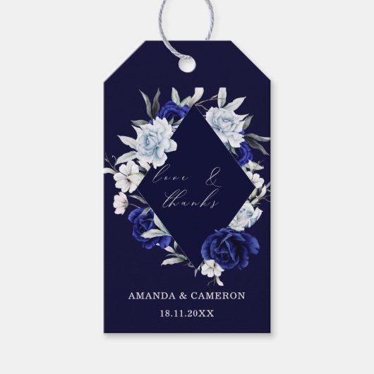 Elegante Dusty Blue Navy Floral Wedding Favoriet Cadeaulabel (Voorkant)