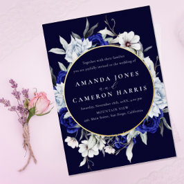 Elegante Dusty Blue Navy Floral Wedding Gold Folie Uitnodiging