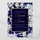 Elegante Dusty Blue Navy Floral Wedding Gold Folie Uitnodiging (Voorkant)