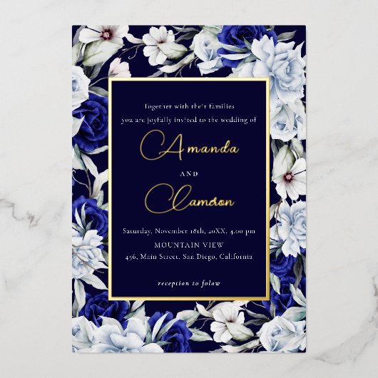 Elegante Dusty Blue Navy Floral Wedding Gold Folie Uitnodiging (Voorkant)