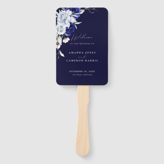 Elegante Dusty Blue Navy huwelijksceremonie progra Handwaaier (Voorkant)