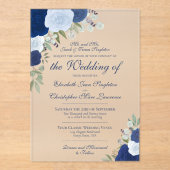 Elegante Dusty Blue & Navy Rozen Formele bruiloft Acryl Uitnodigingen (Voorkant)