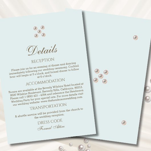 Elegante Dusty Blue Pearl Wedding Details Informatiekaartje