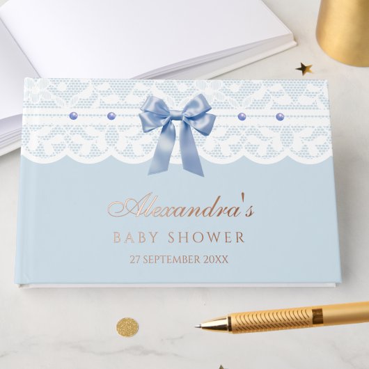 Elegante Dusty Blue Pearls Bow Lace Baby shower Gastenboek