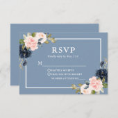 Elegante Dusty Blue Pink Blush Floral Wedding RSVP (Voorkant / Achterkant)