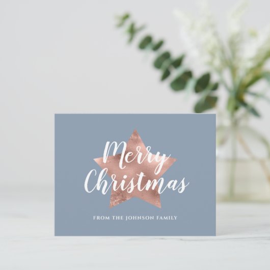 Elegante Dusty Blue Roos Roos Gold Star Christmas Briefkaart (Staand voorkant)