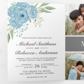Elegante Dusty Blue Rozen Fotocollage Wedding Drieluik Uitnodiging (Binnenzijde eerst)